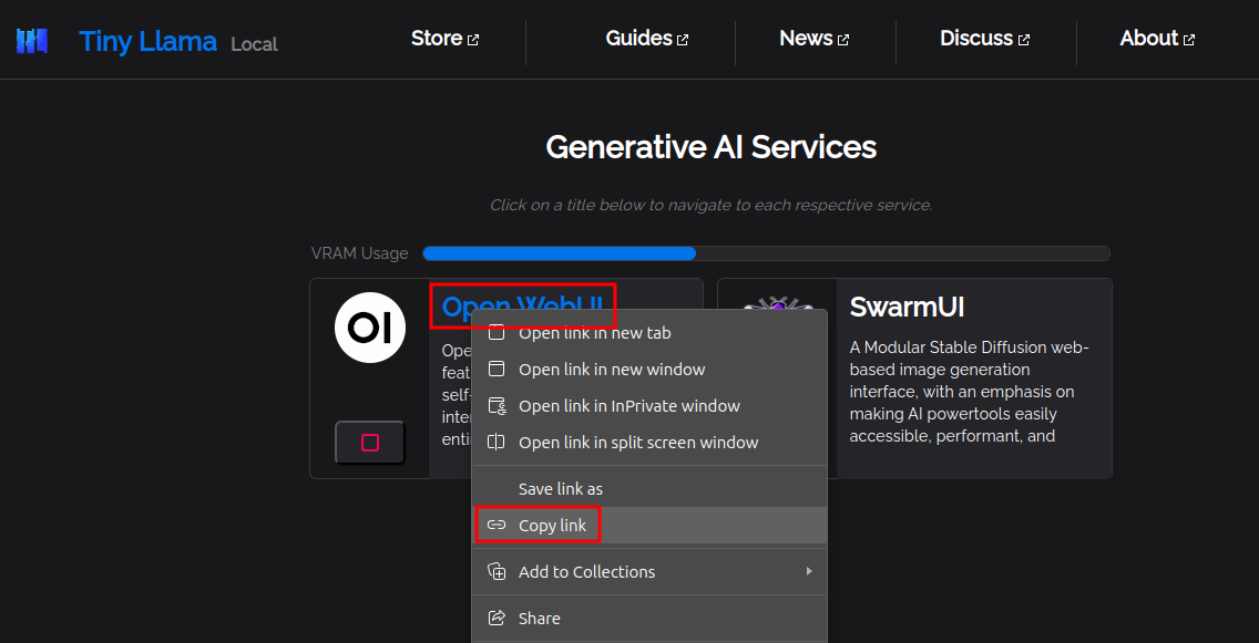 How to Copy the Open WebUI URL within the Tiny Llama Local Dashboard