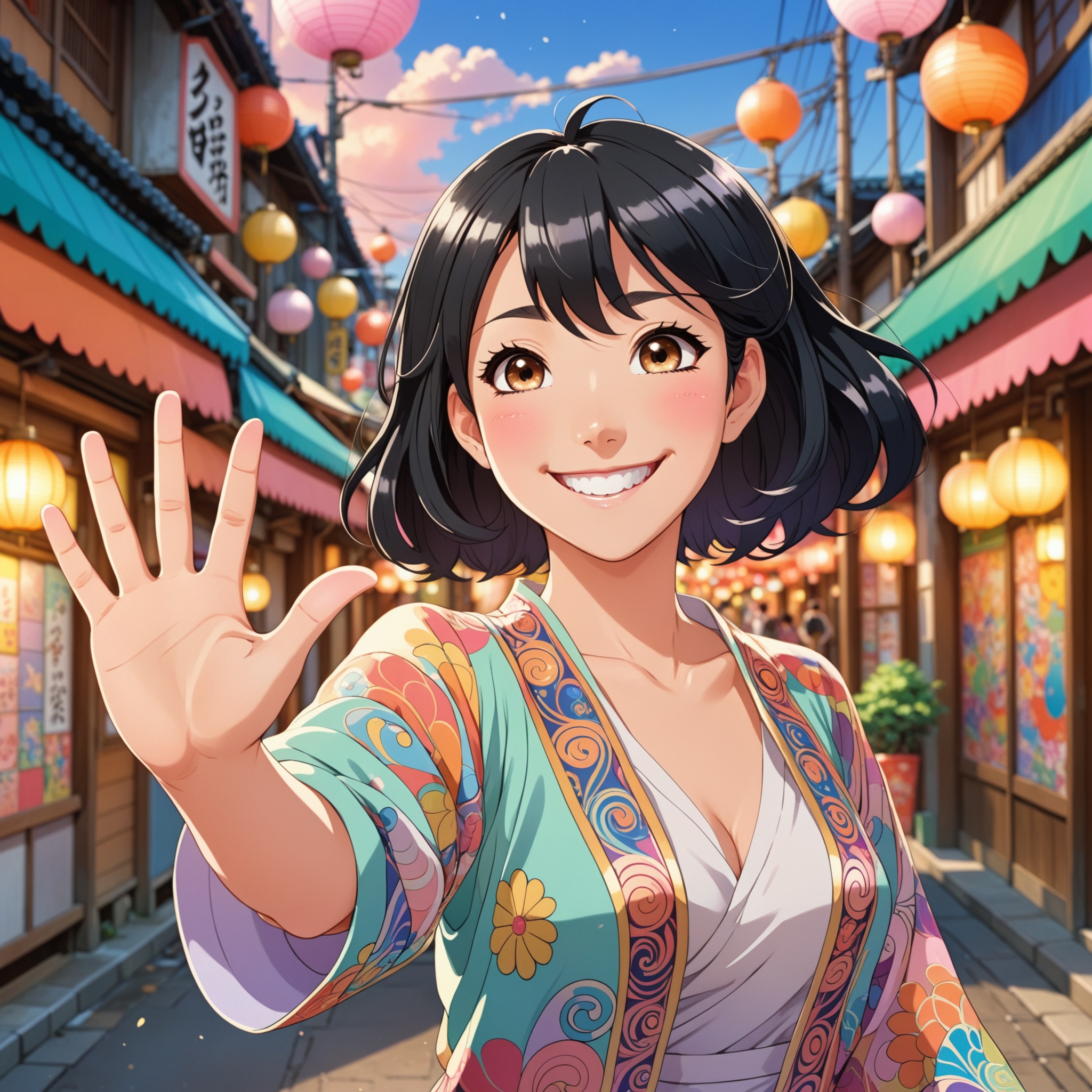 An image of a young woman waving at the camera, anime