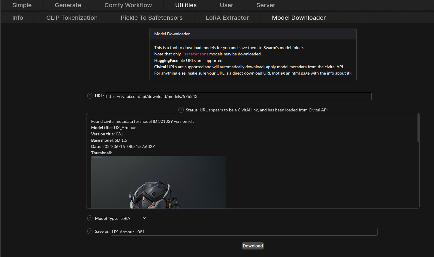 Screenshot of the SwarmUI model downloader interface