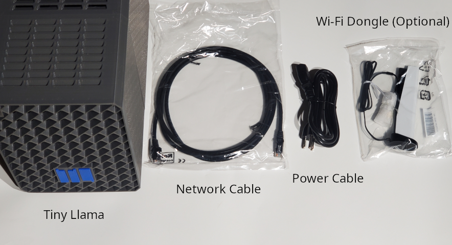 Tiny Llama AI Home Server, network cable, power cable, and optional Wi-Fi dongle